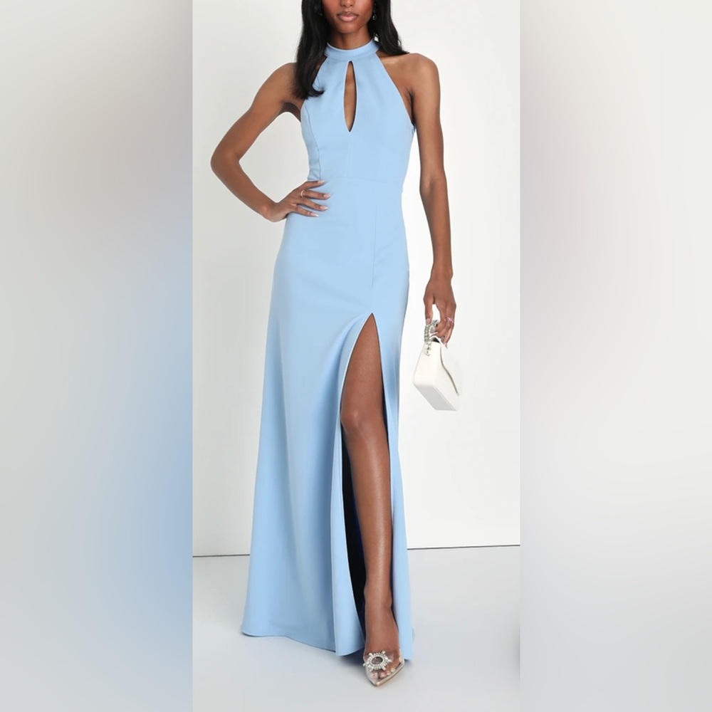 Light Blue Bow Backless Halter Maxi Dress